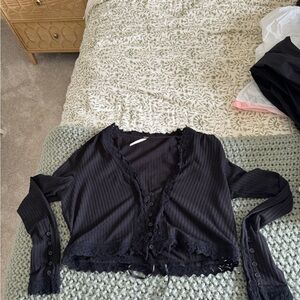 Free People Black Lace Button Crop Top